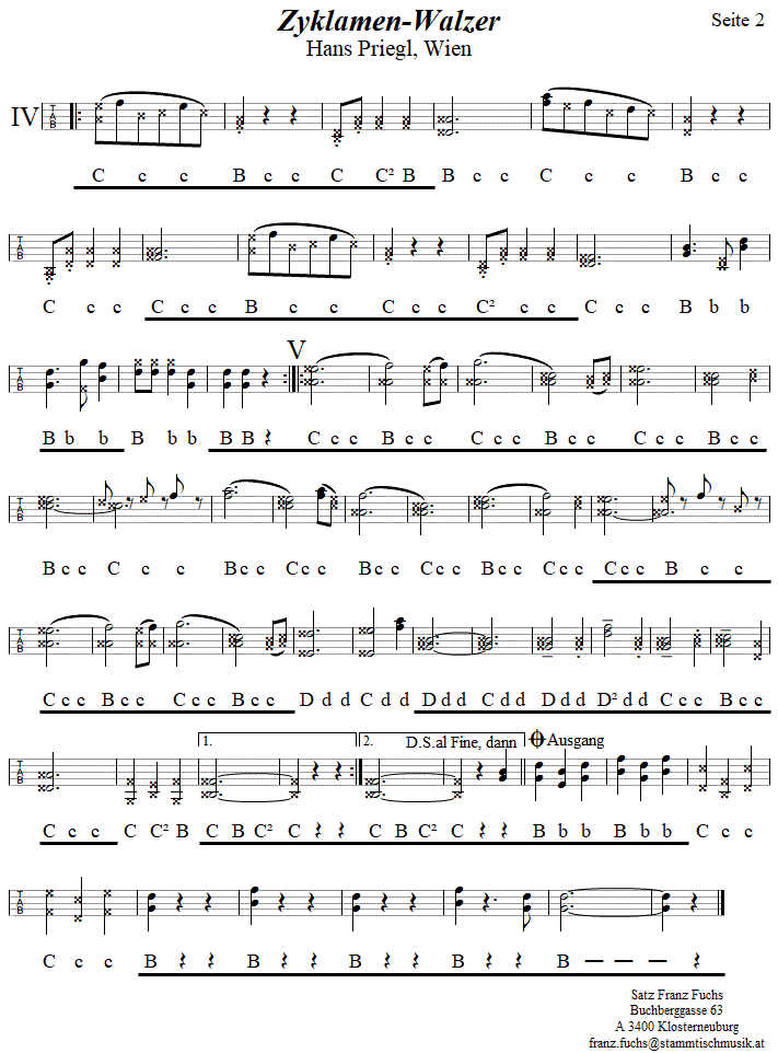 Zyklamen-Walzer von Hans Priegl, Seite 2, in Griffschrift für Steirische Harmonika.| 
Bitte klicken, um die Melodie zu hören.