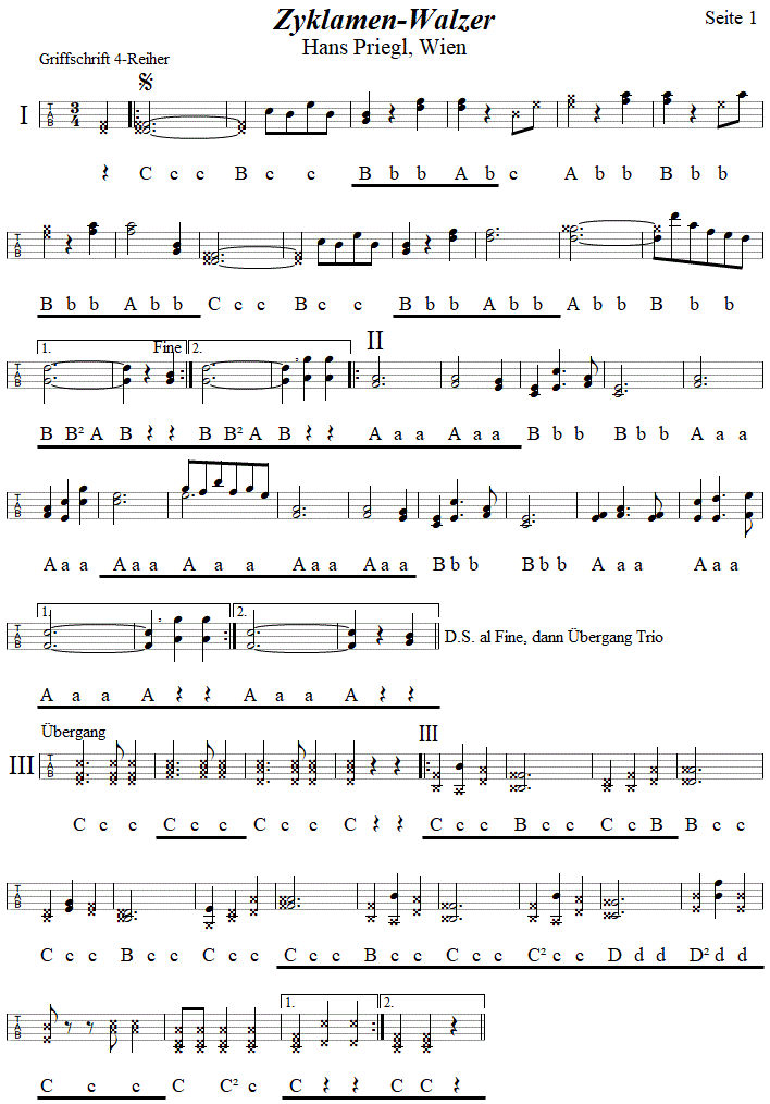 Zyklamen-Walzer von Hans Priegl in Griffschrift für Steirische Harmonika, Seite 1.| 
Bitte klicken, um die Melodie zu hören.