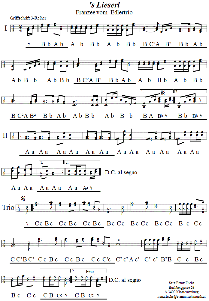 s' Lieserl Franzee in Griffschrift fr Steirische Harmonika. 
Bitte klicken, um die Melodie zu hren.