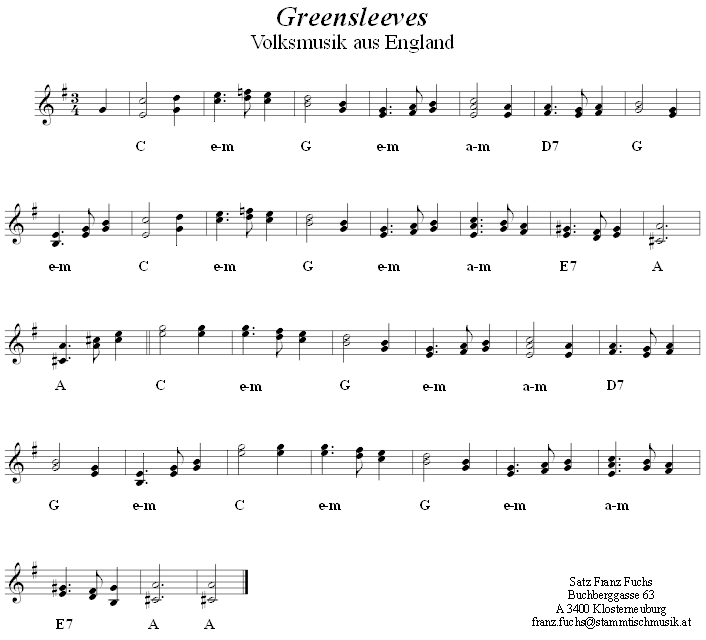 Greensleeves in zweistimmigen Noten. 
Bitte klicken, um die Melodie zu hren.