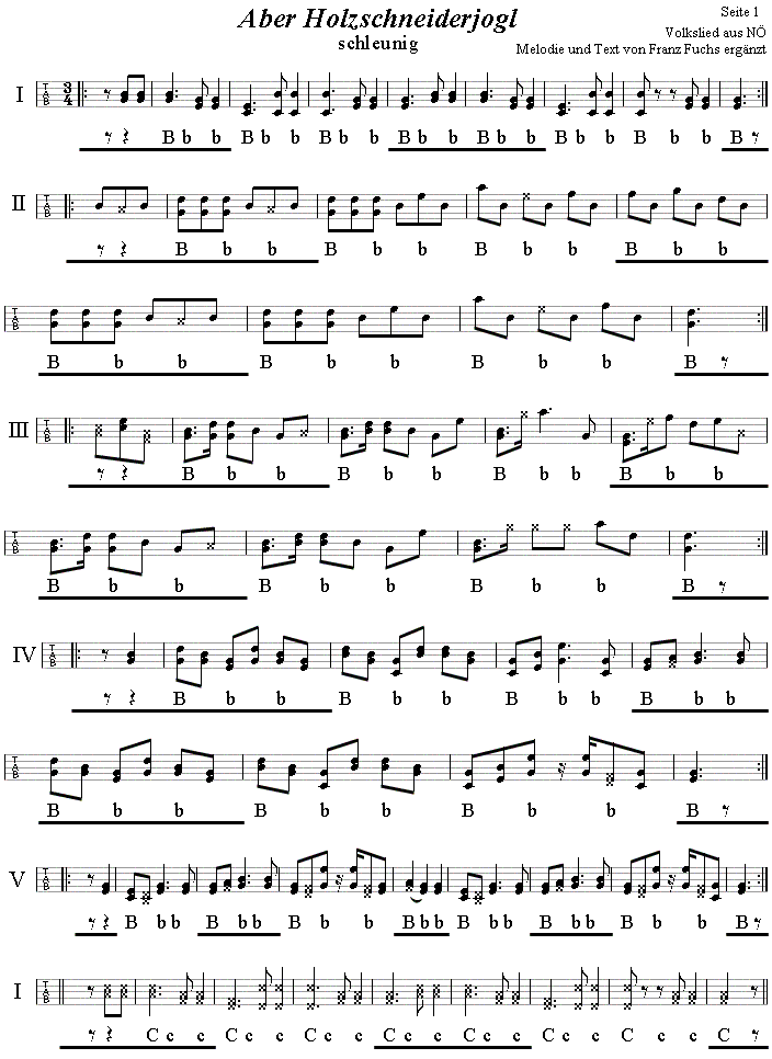 Aber Holzschneiderjagl in Griffschrift für Steirische Harmonika, mit Gstanzln. 
Bitte klicken, um die Melodie zu hören.
