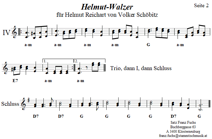 Helmut-Walzer von Volker Schöbitz in zweistimmigen Noten, Seite 2. 
Bitte klicken, um die Melodie zu hören.