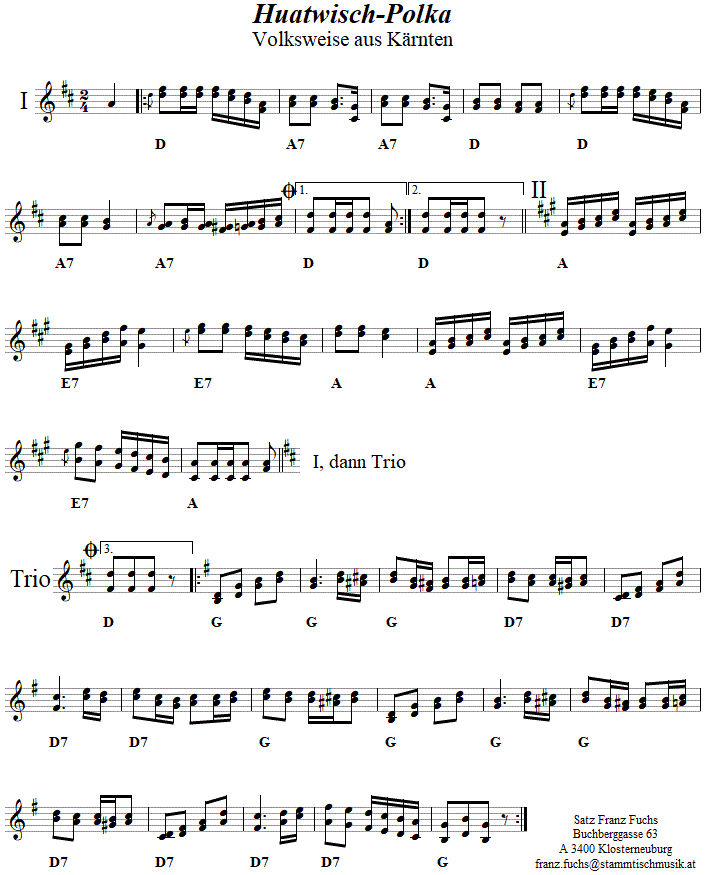 Huatwisch-Polka (Polka aus Kärnten) - zweistimmige Noten.| 
Bitte klicken, um die Melodie zu hören.
