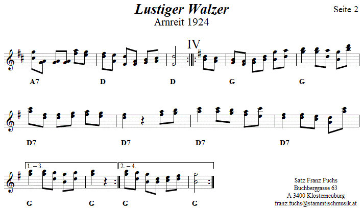Lustiger Walzer aus Arnreit in zweistimmigen Noten, Seite 2. 
Bitte klicken, um die Melodie zu hören.