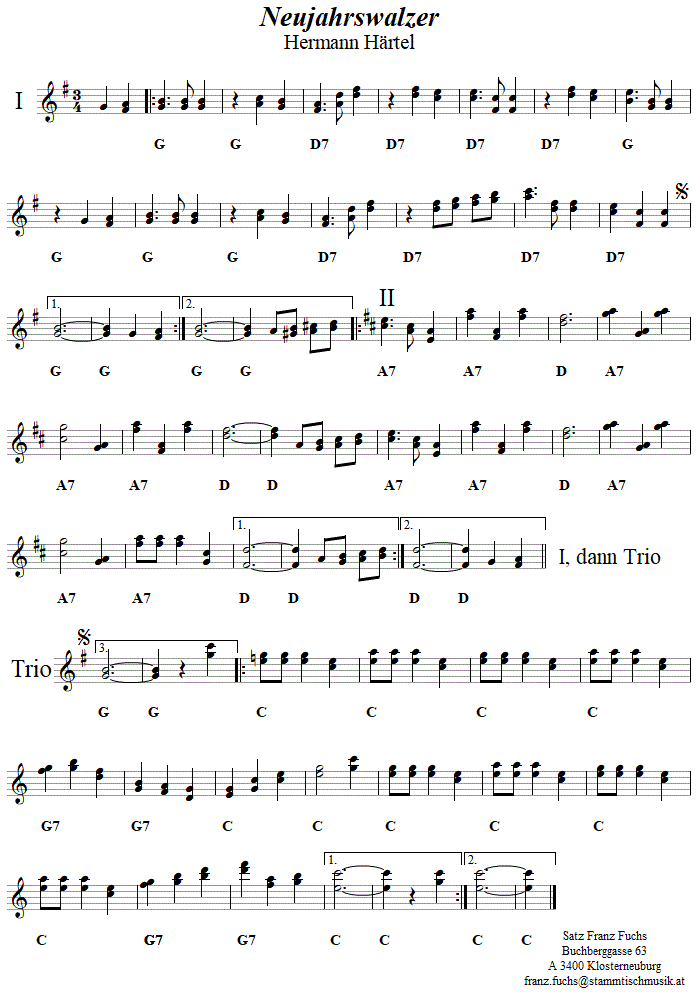 Neujahrswalzer von Hermann Hrtel in zweistimmigen Noten. 
Bitte klicken, um die Melodie zu hren.