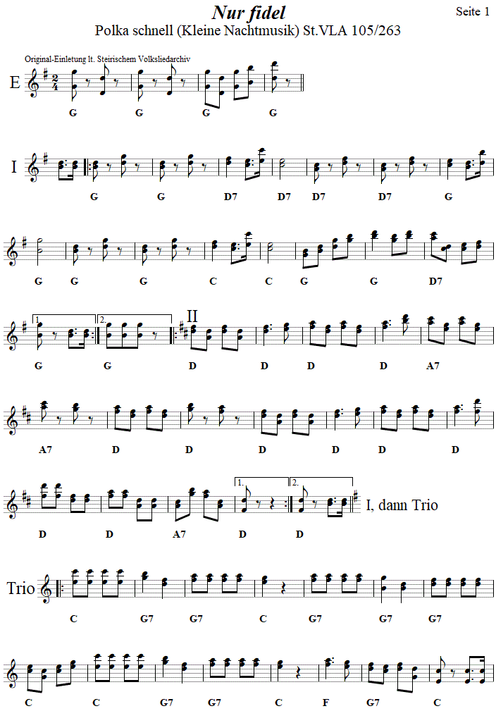 Nur fidel - Polka schnell, Seite 1, in zweistimmigen Noten. 
Bitte klicken, um die Melodie zu hören.