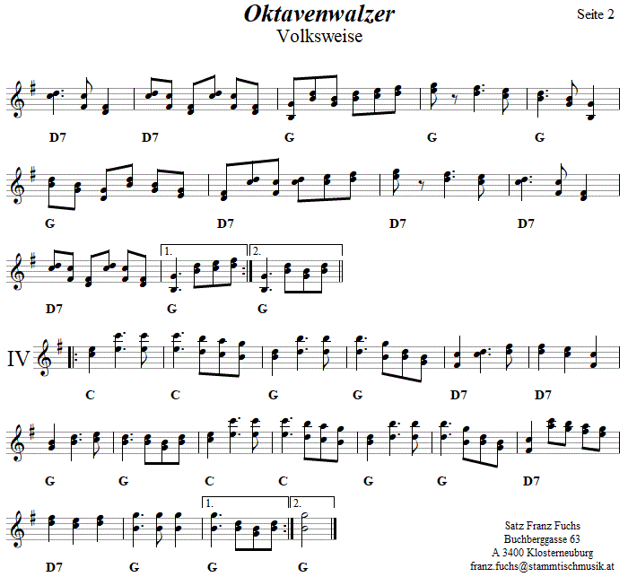 Oktavenwalzer, Seite 2 in Griffschrift für Steirische Harmonika. 
Bitte klicken, um die Melodie zu hören.