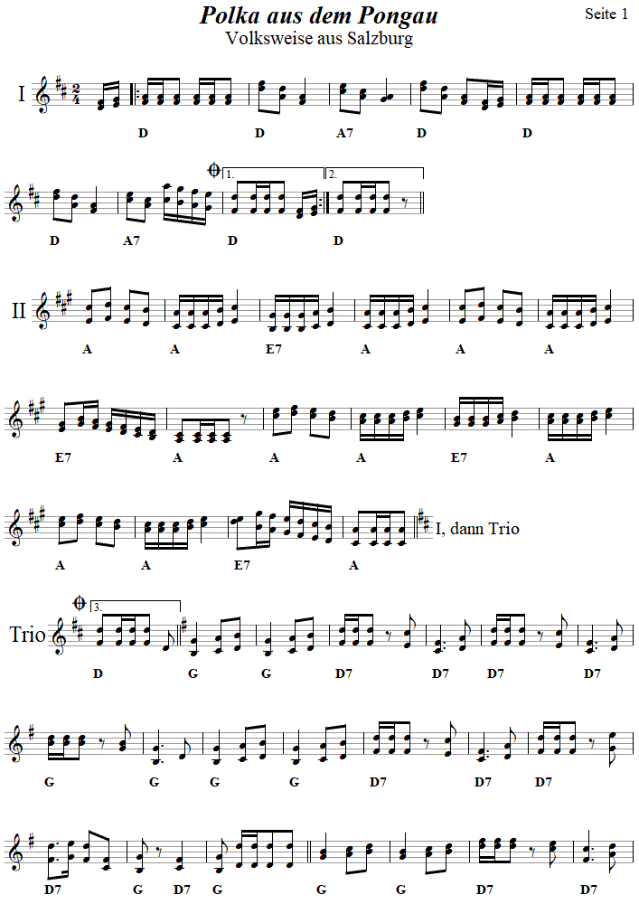 Polka aus dem Pongau, Seite 1, in zweistimmigen Noten. 
Bitte klicken, um die Melodie zu hren.