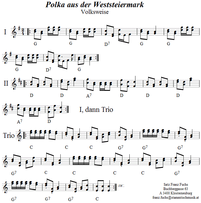 Polka aus der Weststeiermark in zweistimmigen Noten. 
Bitte klicken, um die Melodie zu hören.