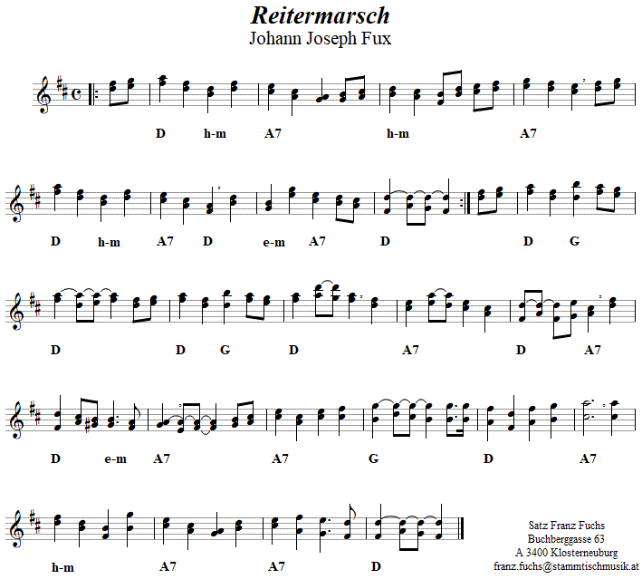 Reitermarsch von Johann Joseph Fux, zweistimmige Noten. 
Bitte klicken, um die Melodie zu hren.