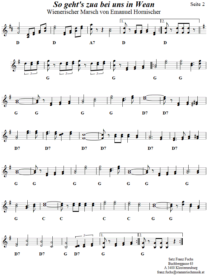 So geht's zua bei uns in Wean, Marsch von Emanuel Hormischer, Seite 2 in zweistimmigen Noten. 
Bitte klicken, um die Melodie zu hren.