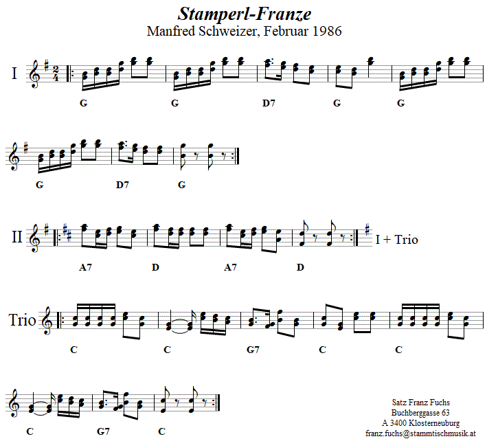 Stamperl-Franze von Manfred Schweizer in zweistimmigen Noten. 
Bitte klicken, um die Melodie zu hören.