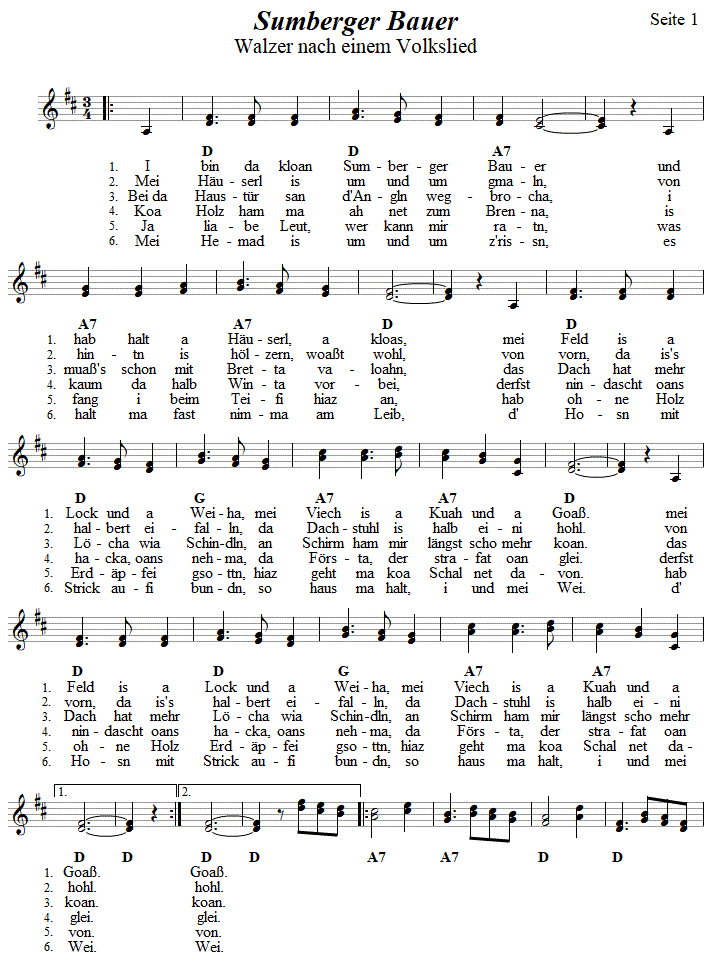 Sumberger Bauer Walzer in zweistimmigen Noten, Seite 1. 
Bitte klicken, um die Melodie zu hren.