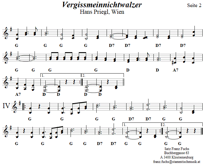 Vergissmeinnichtwalzer von Hans Priegl, Seite 2, in zweistimmigen Noten. 
Bitte klicken, um die Melodie zu hören.