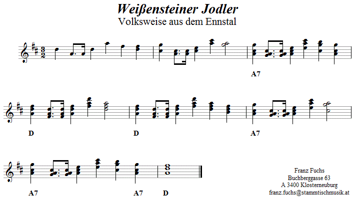 Weißensteiner Jodler in zweistimmigen Noten. 
Bitte klicken, um die Melodie zu hören.