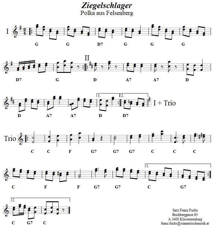 Ziegelschlager Polka in zweistimmigen Noten. 
Bitte klicken, um die Melodie zu hren.