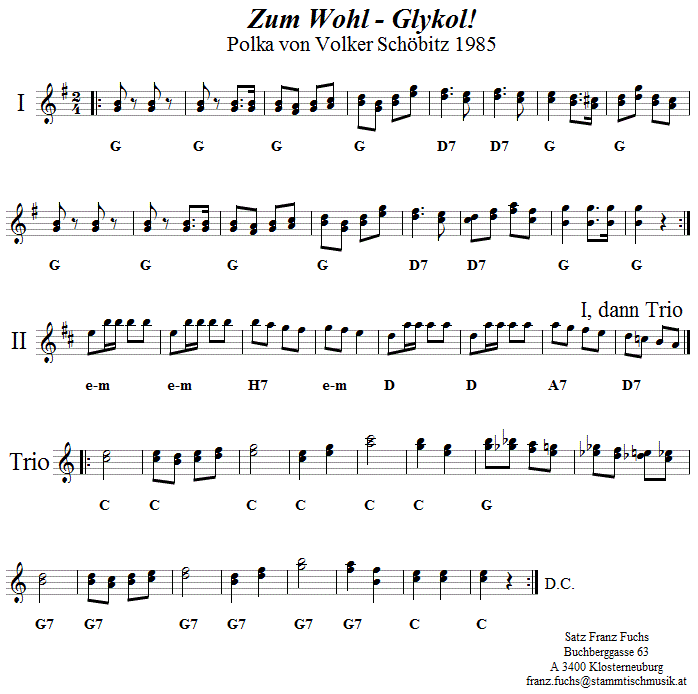Zum Wohl Glykol, Polka von Volker Schöbitz in zweistimmigen Noten. 
Bitte klicken, um die Melodie zu hören.