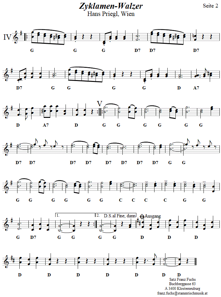 Zyklamen-Walzer von Hans Priegl, Seite 2, in zweistimmigen Noten.| 
Bitte klicken, um die Melodie zu hren.
