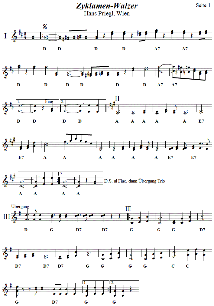 Zyklamen-Walzer von Hans Priegl in zweistimmigen Noten, Seite 1.| 
Bitte klicken, um die Melodie zu hren.