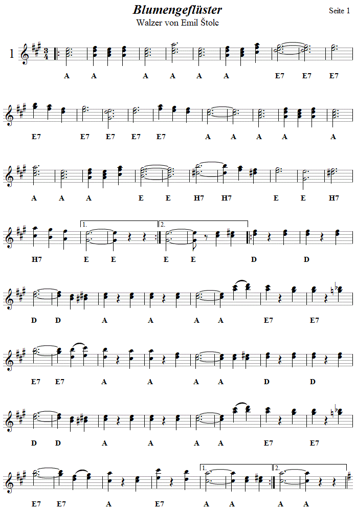 Blumengeflster Walzer, Seite 1 in zweistimmigen Noten. 
Bitte klicken, um die Melodie zu hren.