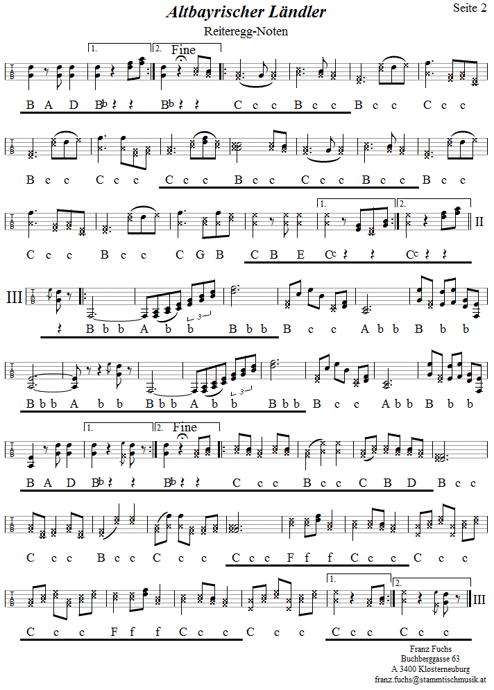 Altbayrischer Ländler Seite 2 in Griffschrift für Steirische Harmonika. 
Bitte klicken, um die Melodie zu hören.