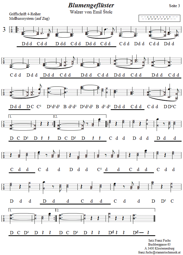 Blumengeflster Walzer, Seite 3 in Griffschrift fr Steirische Harmonika. 
Bitte klicken, um die Melodie zu hren.