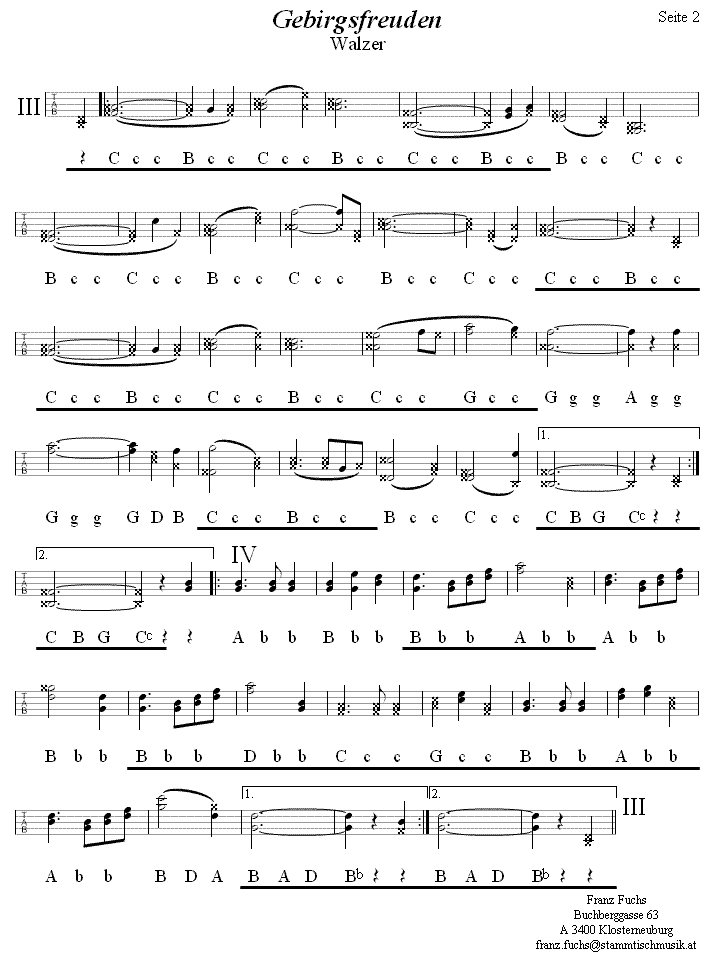 Gebirgsfreuden Walzer, Seite 2 in Griffschrift für Steirische Harmonika. 
Bitte klicken, um die Melodie zu hören.