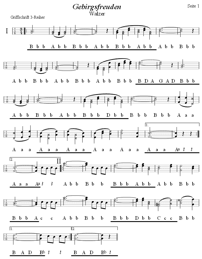 Gebirgsfreuden Walzer, Seite 1 in Griffschrift für Steirische Harmonika. 
Bitte klicken, um die Melodie zu hören.