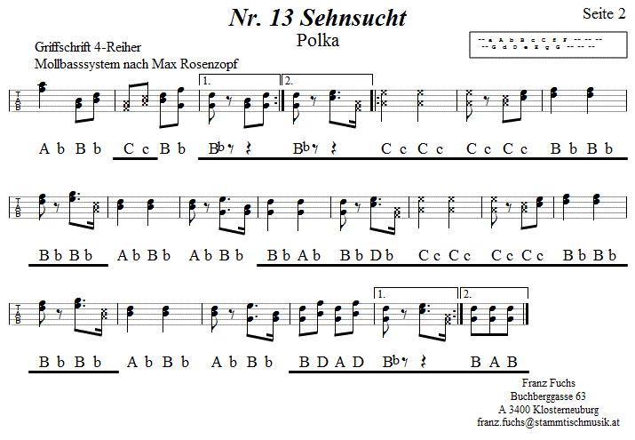 Nr. 13 Sehnsucht Pollka 2 in Griffschrift für Steirische Harmonika. 
Bitte klicken, um die Melodie zu hören.