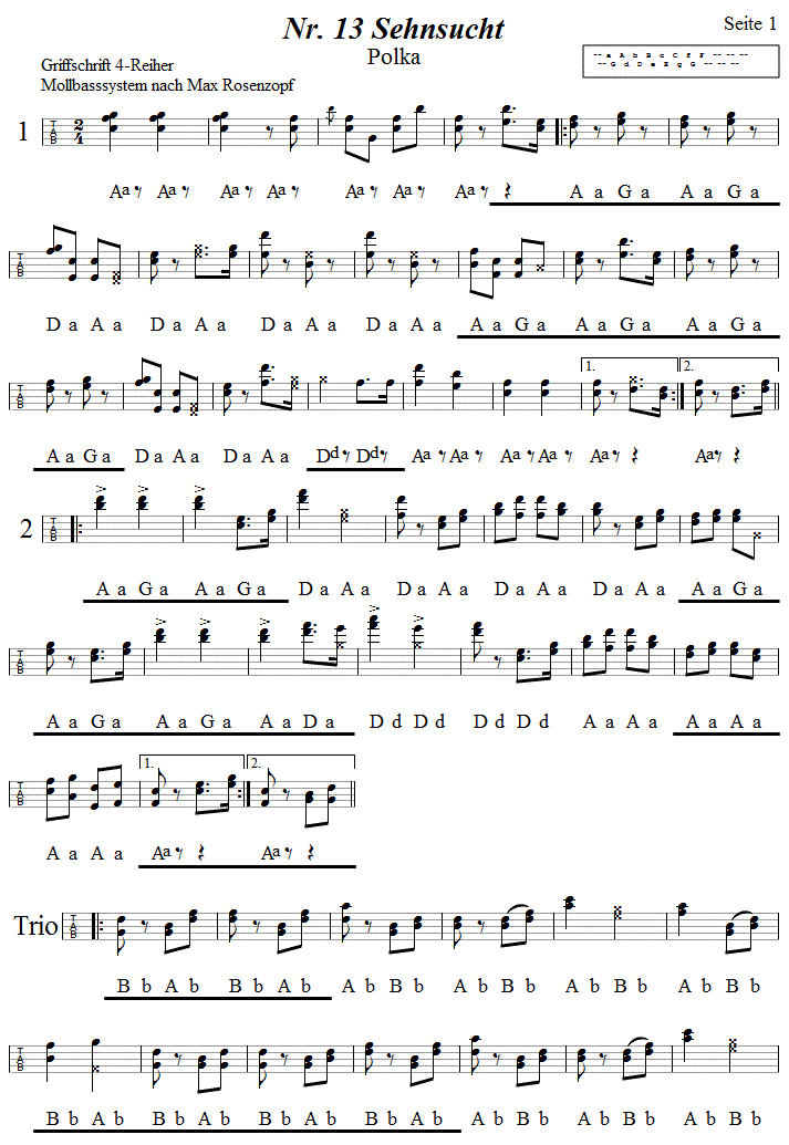 Nr. 13 Sehnsucht Polka in Griffschrift für Steirische Harmonika. 
Bitte klicken, um die Melodie zu hören.