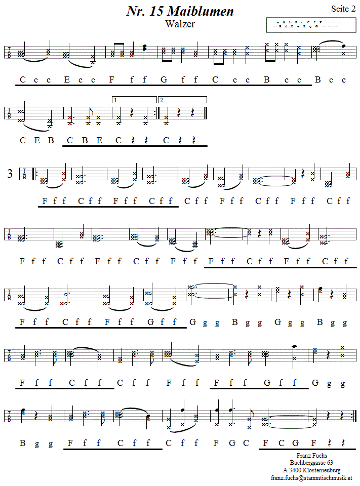 Nr. 15 Maiblumen Walzer Seite 2 in Griffschrift fr Steirische Harmonika. 
Bitte klicken, um die Melodie zu hren.