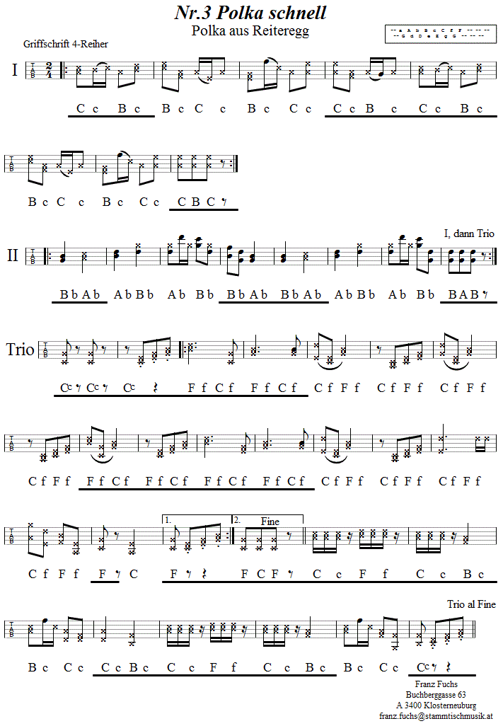 No 3, Polka schnell in Griffschrift für Steirische Harmonika. 
Bitte klicken, um die Melodie zu hören.
