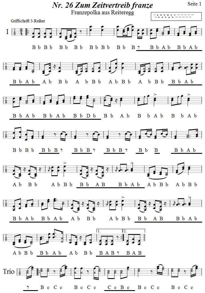 Nr. 26 Zum Zeitvertreib franze Seite 1 in Griffschrift für Steirische Harmonika. 
Bitte klicken, um die Melodie zu hören.