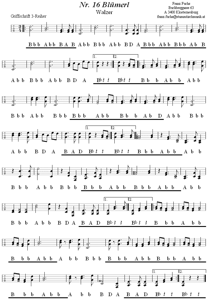 No 16 Blümerlwalzer in Griffschrift für Steirische Harmonika. 
Bitte klicken, um die Melodie zu hören.