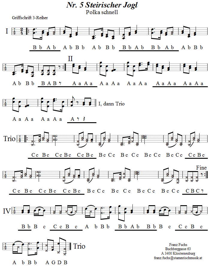 No 7 Steirischer Jogl Polka schnell in Griffschrift für Steirische Harmonika. 
Bitte klicken, um die Melodie zu hören.