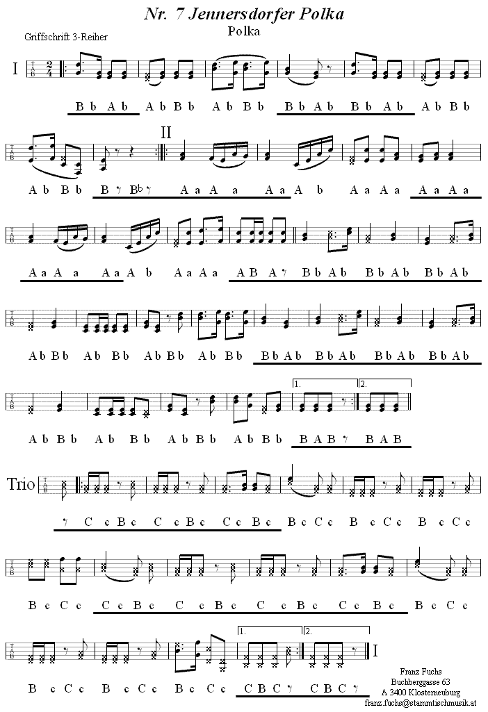 No 7 Jennersdorfer Polka in Griffschrift für Steirische Harmonika. 
Bitte klicken, um die Melodie zu hören.