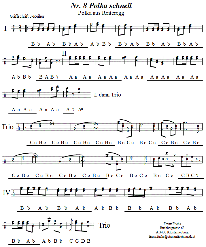 No 8, Polka schnell in Griffschrift für Steirische Harmonika. 
Bitte klicken, um die Melodie zu hören.