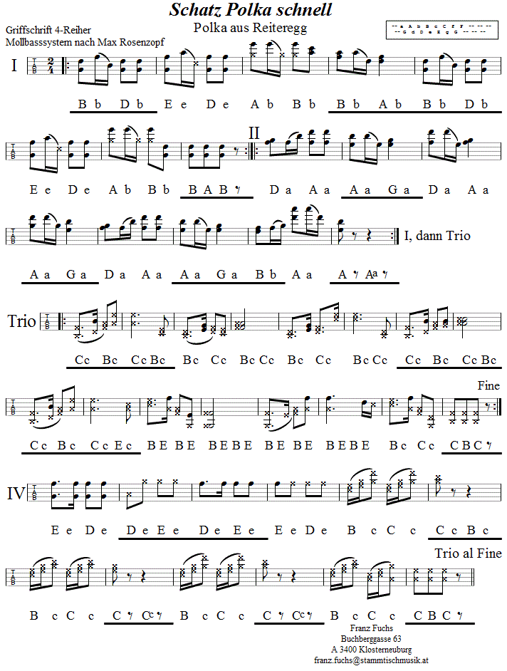 Schatz Polka schnell in Griffschrift für Steirische Harmonika. 
Bitte klicken, um die Melodie zu hören.