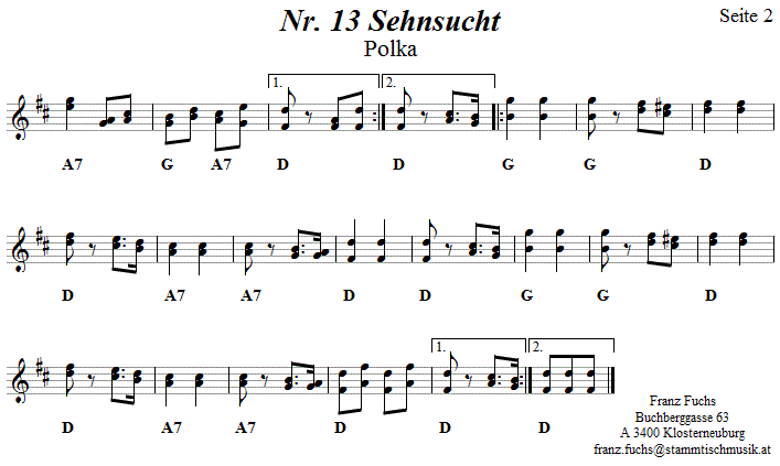 Nr. 13 Sehnsucht Pollka 2 in zweistimmigen Noten. 
Bitte klicken, um die Melodie zu hören.