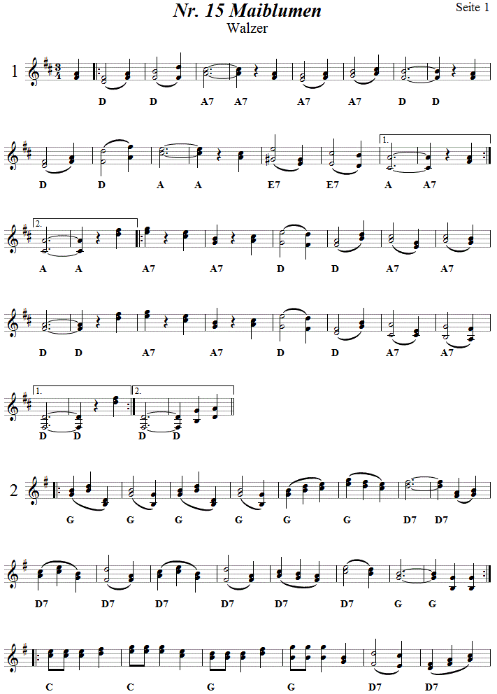 Nr. 15 Maiblumen Walzer, Seite 1, in zweistimmigen Noten. 
Bitte klicken, um die Melodie zu hren.