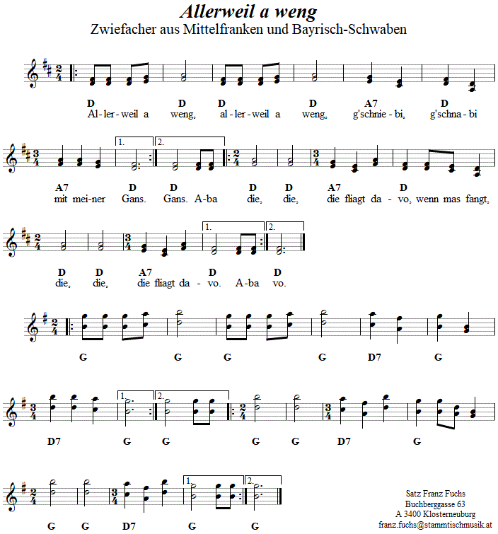 Allerweil a weng, Zwiefacher in zweistimmigen Noten. 
Bitte klicken, um die Melodie zu hren.