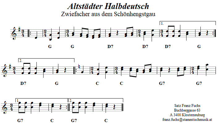 Altstdter Halbdeutsch, Zwiefacher in zweistimmigen Noten. 
Bitte klicken, um die Melodie zu hren.