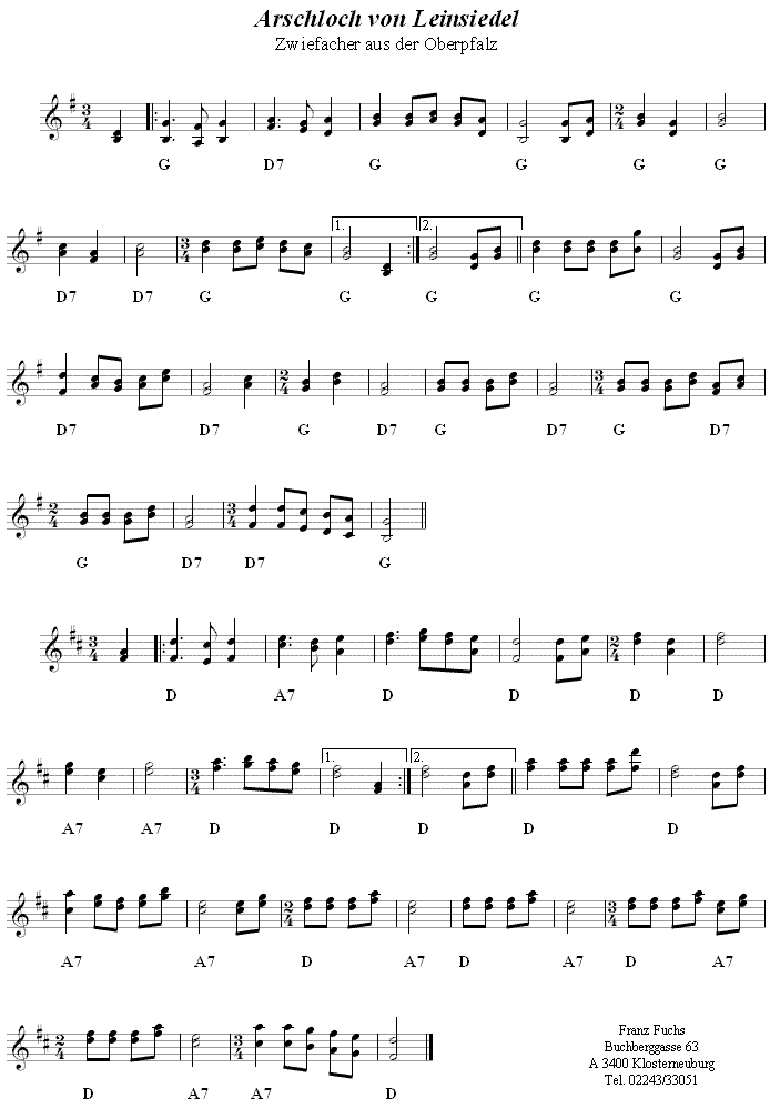 Arschloch von Leinsiedel, Zwiefacher in zweistimmigen Noten. 
Bitte klicken, um die Melodie zu hören.
