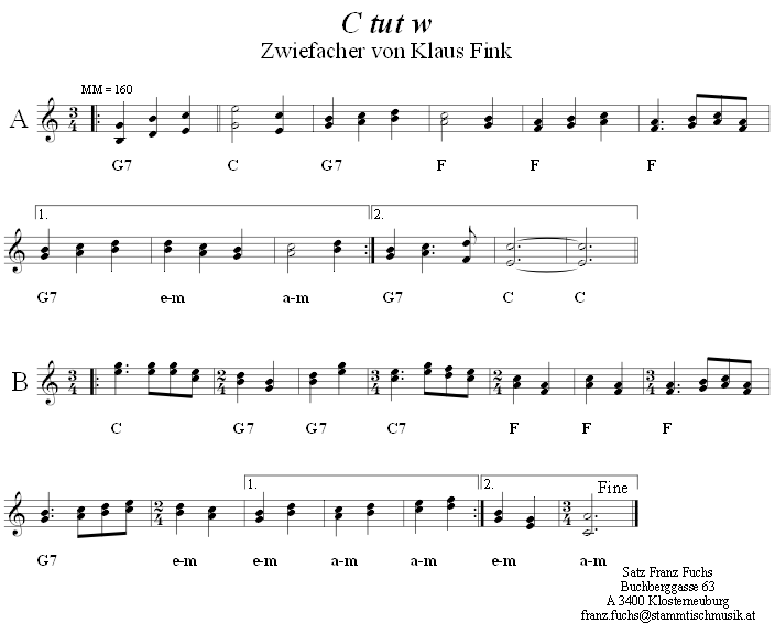 C tut W - Zwiefacher von Klaus Fink in zweistimmigen Noten. 
Bitte klicken, um die Melodie zu hören.
