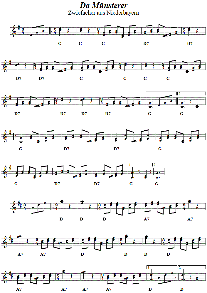Da Münsterer, Zwiefacher in zweistimmigen Noten, Seite 1. 
Bitte klicken, um die Melodie zu hören.
