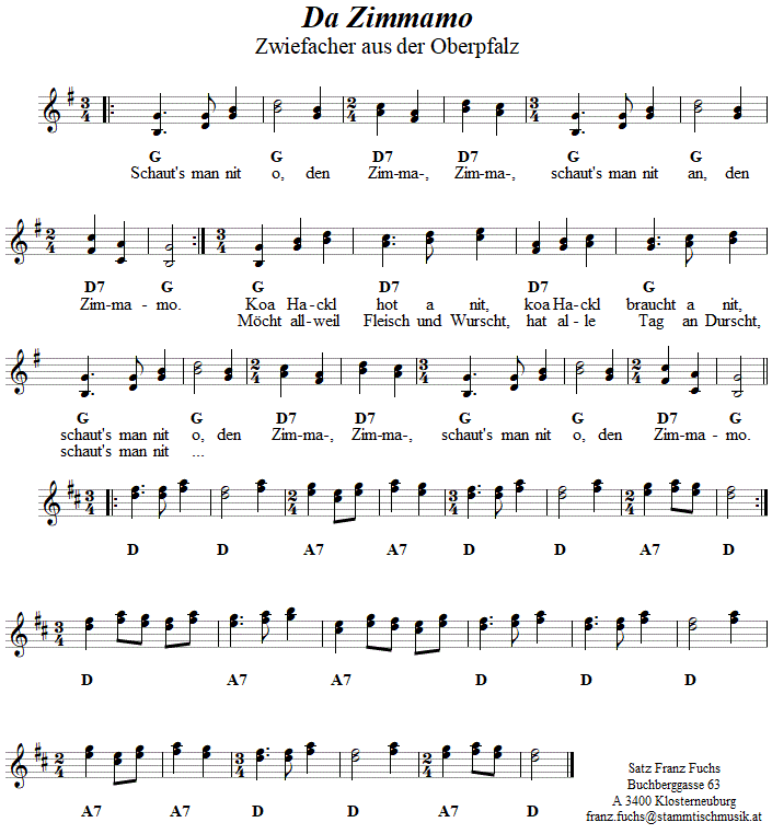 Da Zimmamo, Zwiefacher in zweistimmigen Noten. 
Bitte klicken, um die Melodie zu hren.