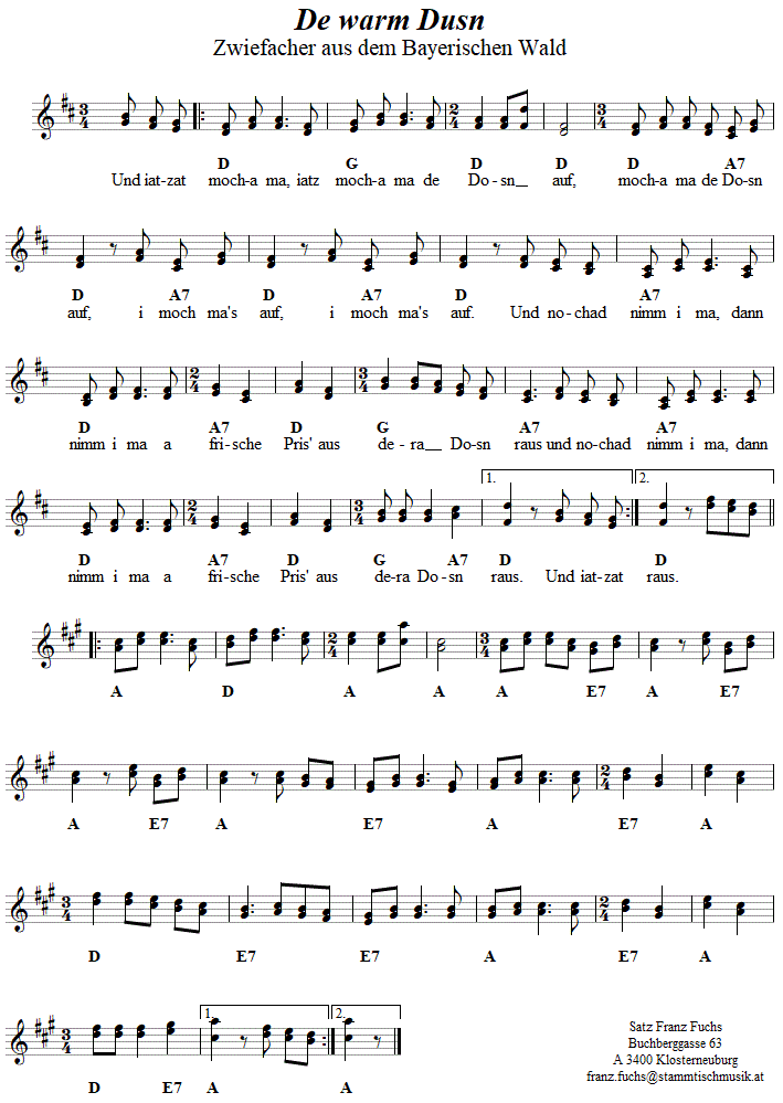 De warm Dusn (Dosn), Zwiefacher in zweistimmigen Noten. 
Bitte klicken, um die Melodie zu hren.