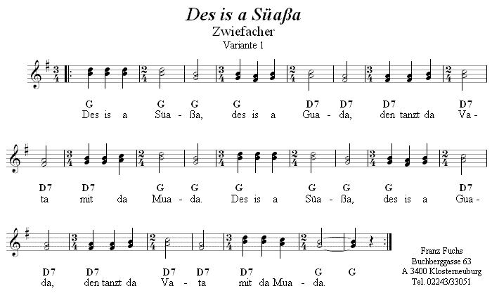 Des is a Süassa, zweite Version - Zwiefacher in zweistimmigen Noten. 
Bitte klicken, um die Melodie zu hören.