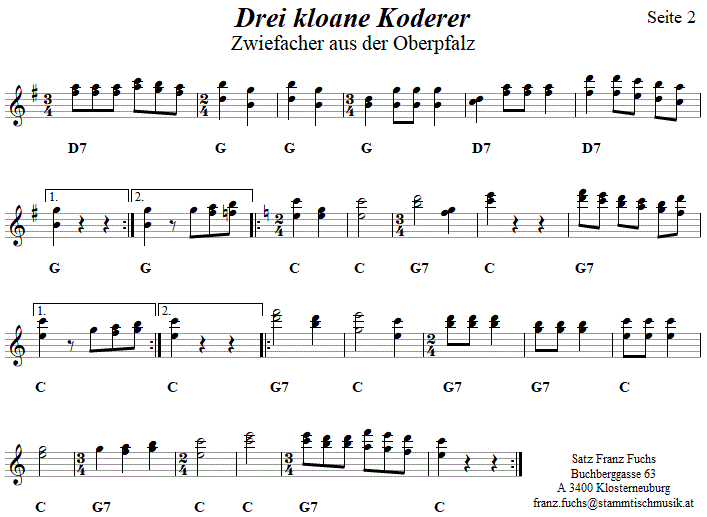 Drei kloane Koderer, Zwiefacher in zweistimmigen Noten, Seite 2. 
Bitte klicken, um die Melodie zu hören.