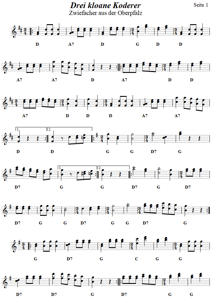 Drei kloane Koderer, Zwiefacher in zweistimmigen Noten, Seite 1. 
Bitte klicken, um die Melodie zu hören.